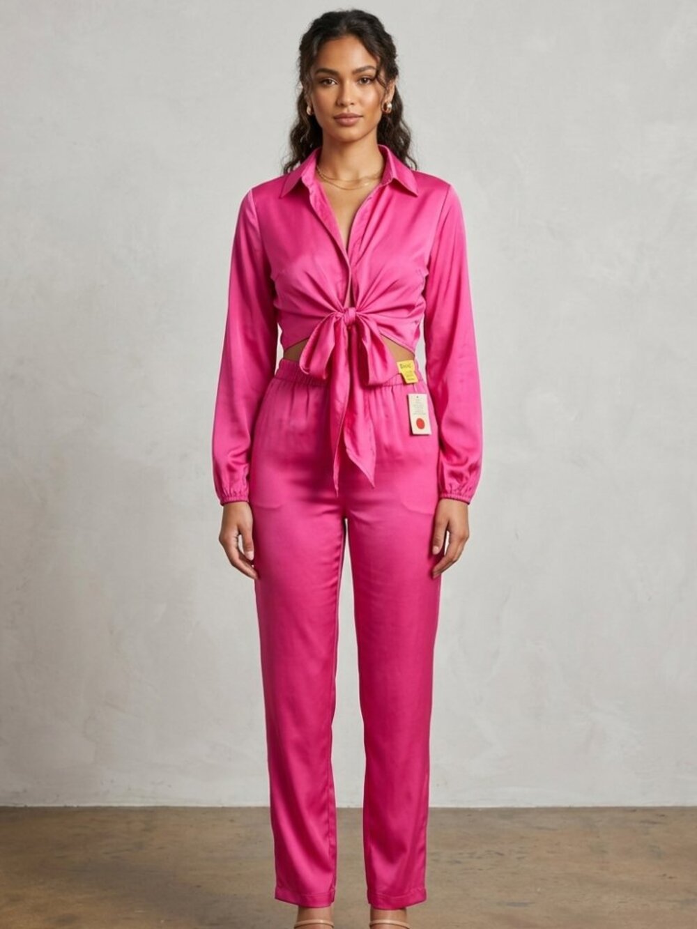 NWT Bright Pink Tie-Front Shirt Pant Set